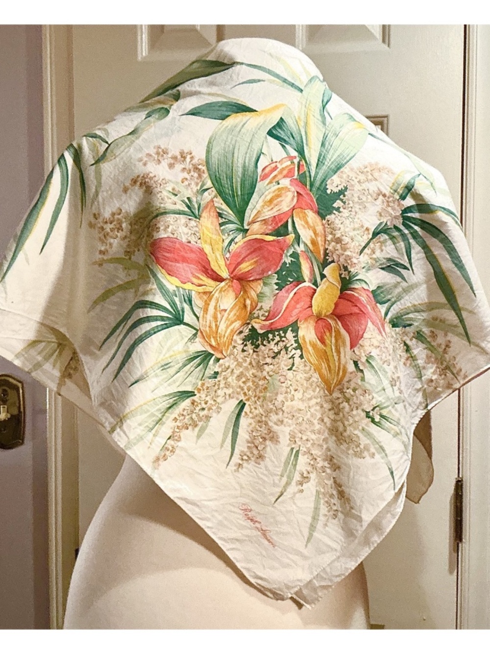 Ralph Lauren Cotton Floral Square Scarf Tropical Botanical 32” Ivory
